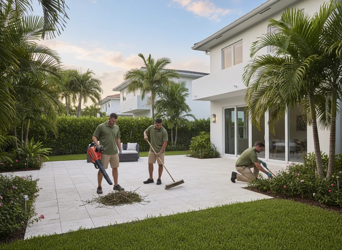 Equipo profesional limpiando patio residencial con herramientas de jardinería y limpieza